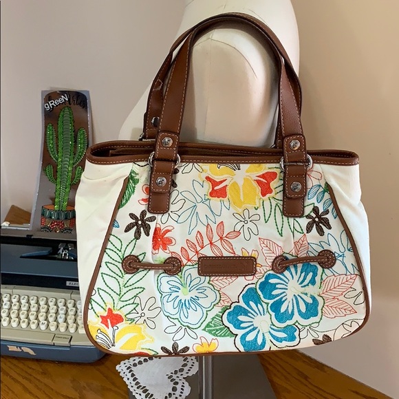 Caribbean Joe Handbags - Caribbean Joe | Canvas Floral Print Brown Leather Lined Shoulder Bag | Purse